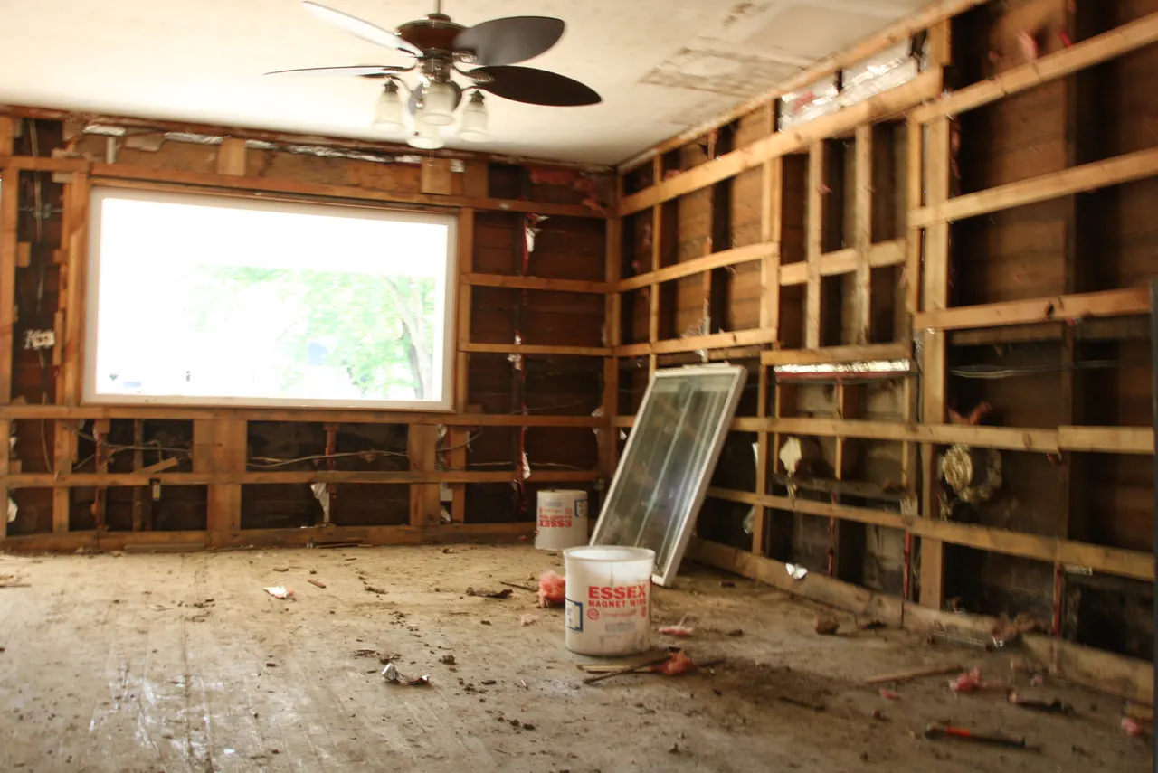 Interior framing after flood-affected finishes were removed